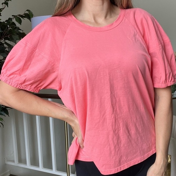 A.L.C Women’s Short Puffer Sleeve Crew Neck Tee Shirt Top Salmon Pink Cotton L - Picture 3 of 12